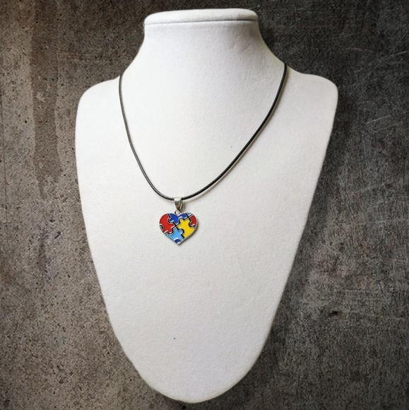 New Autism Awareness Necklace Heart Puzzle Piece Charm on Black Necklace Cord - Picture 8 of 8